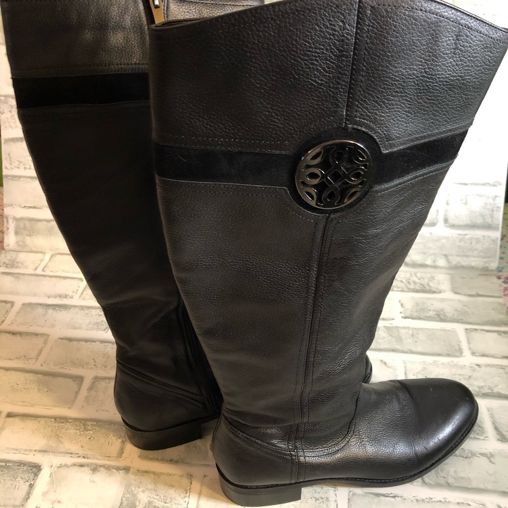 Black leather wide calf tall boots w/suede stripe